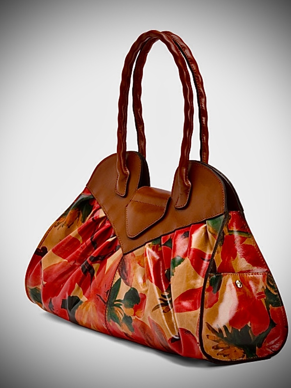 New W/Tag: Red, Gold, Green Floral Patricia Nash Leather Satchel/Shoulder Bag